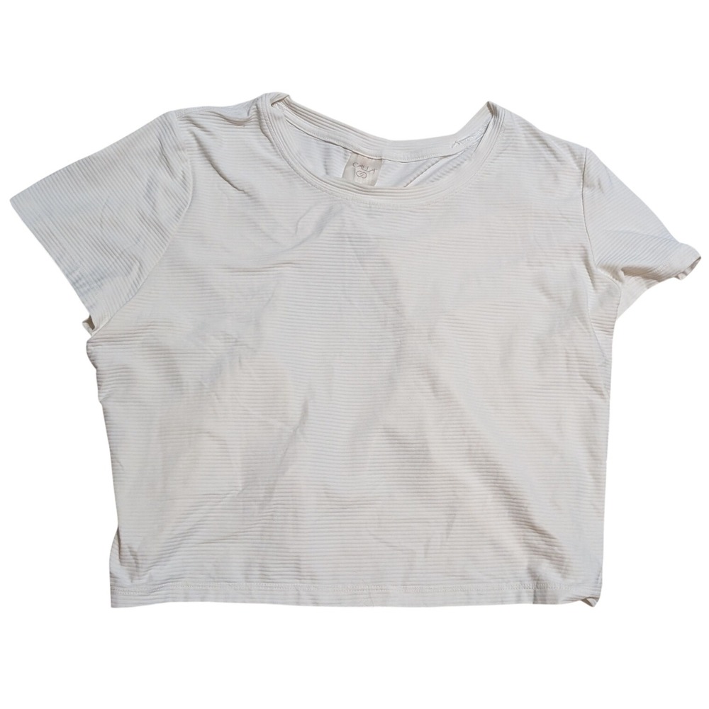 CALIA Women‎ XL Cream Ribbed Open Back Tie Short Sleeve Activewear Top WAX11274